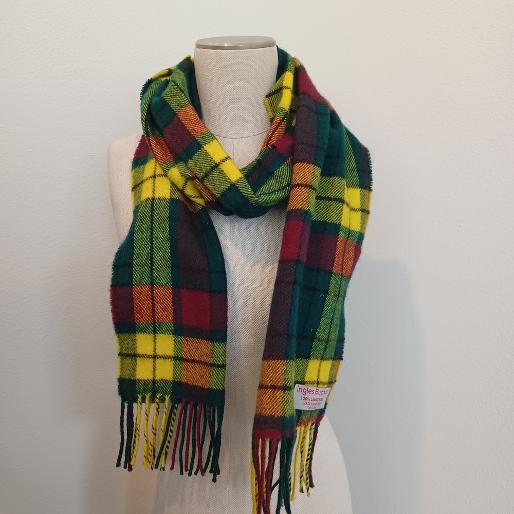 Ingles Buchan Wool Scarf Green Blue Tartan Plaid Fringe Made in Scotland 68"x9"